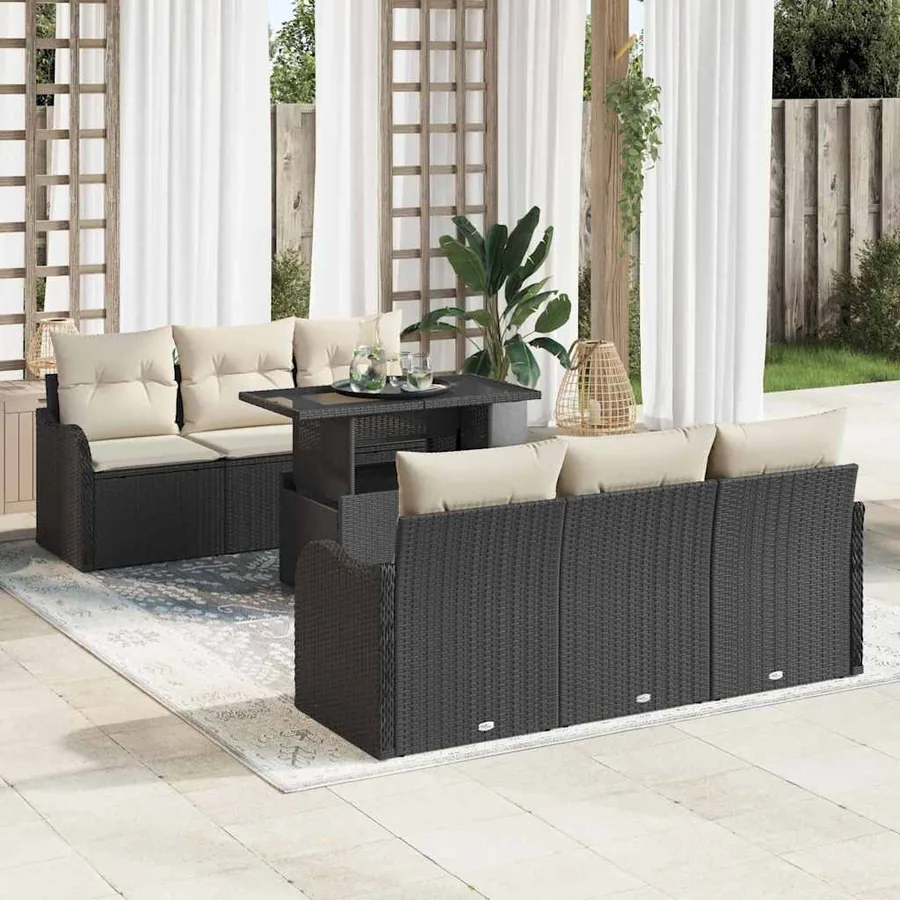Ensemble de canapé de jardin avec coussin 7 pcs Noir Poly rotin