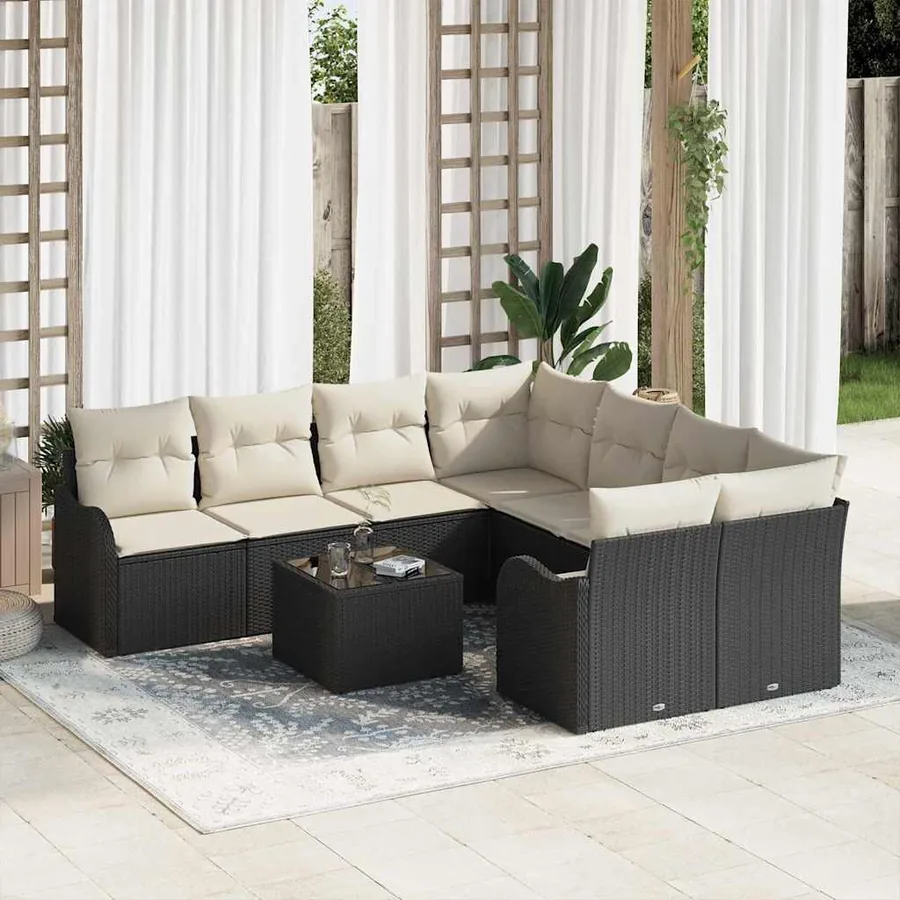 Ensemble de canapé de jardin avec coussin 9 pcs Noir polyrotin