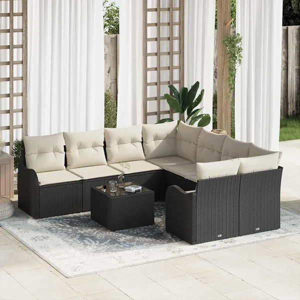 Ensemble de canapé de jardin avec coussin 9 pcs Noir polyrotin
