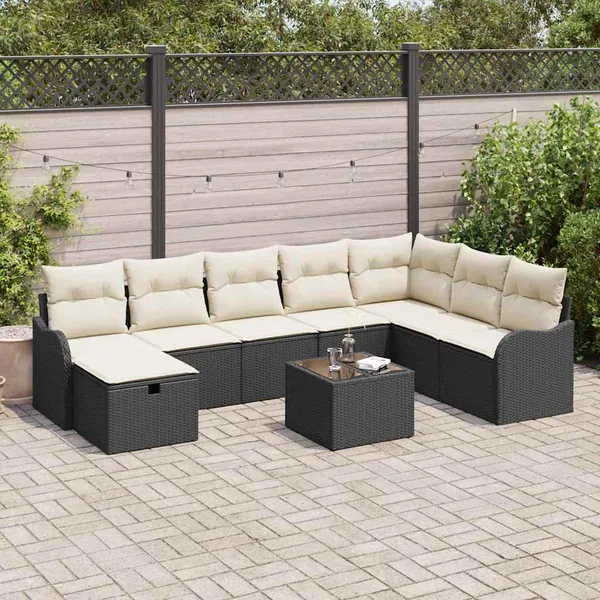 Ensemble de Canapés avec coussin 9 pcs Noir et Crème polyrotin