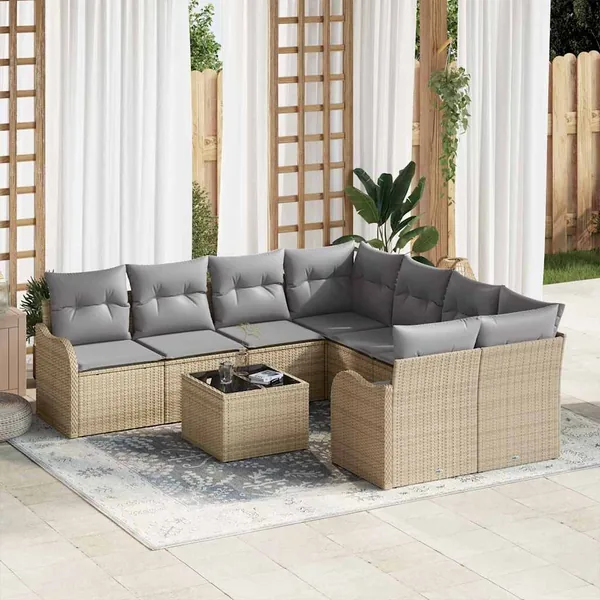 Ensemble de canapé de jardin avec coussin 9 pcs Beige polyrotin