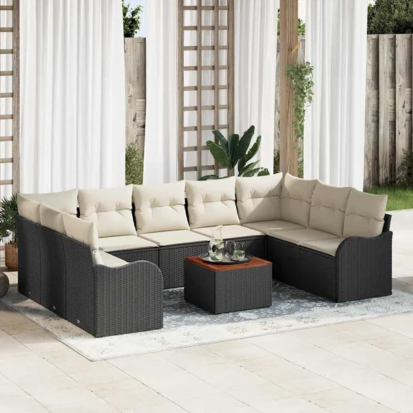 Ensemble de canapé de jardin 10 pcs Noir et Crème polyrotin