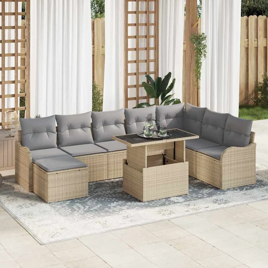 Ensemble de canapé de jardin 9 pcs Beige Poly rotin