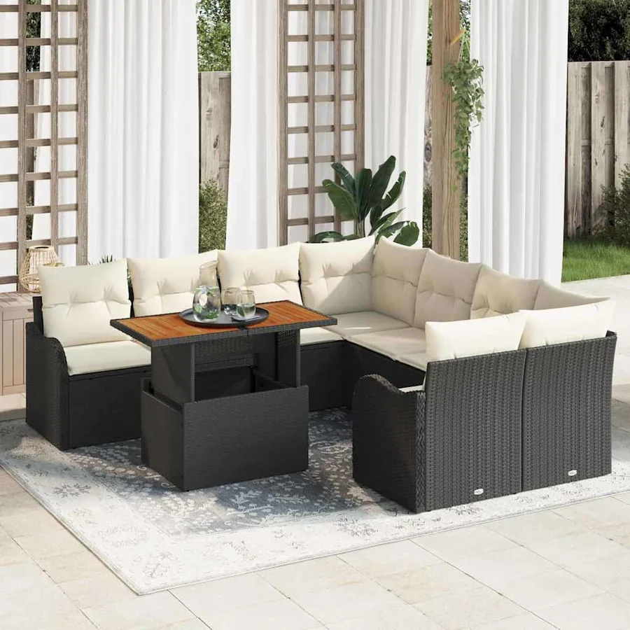 Ensemble de canapé de jardin 9 pcs Noir Poly rotin