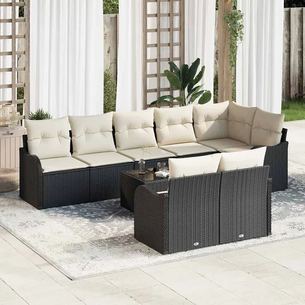 Ensemble de canapé de jardin 9 pcs Noir et blanc Poly rotin