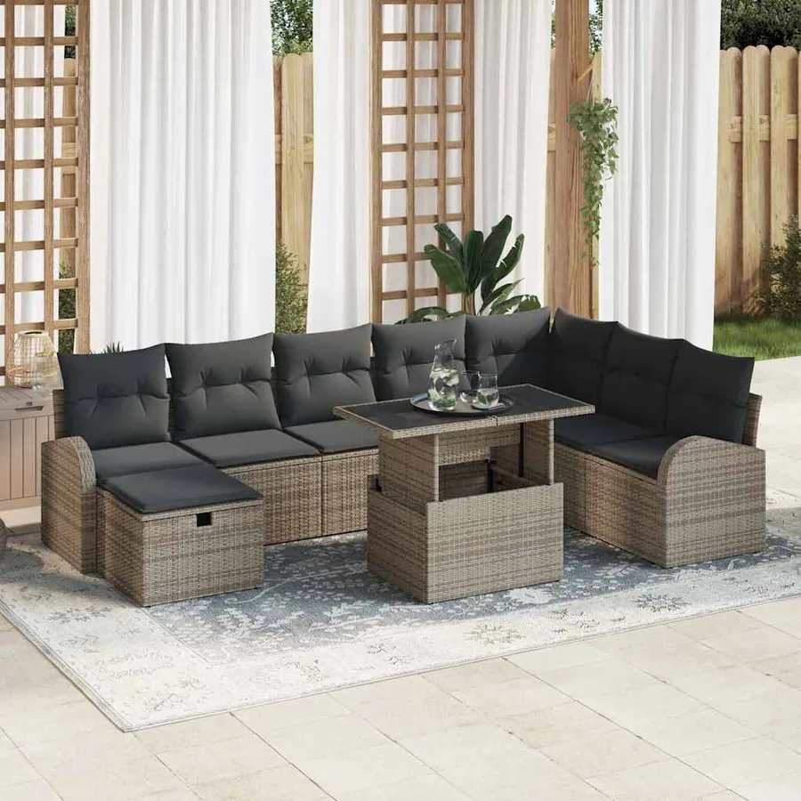 Ensemble de canapé de jardin avec coussin 9 pcs Gris Poly rotin