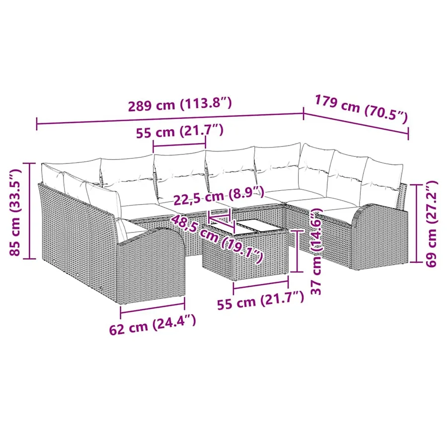 Ensemble de Canapés avec coussin 10 pcs Marron Poly Rattan - 13