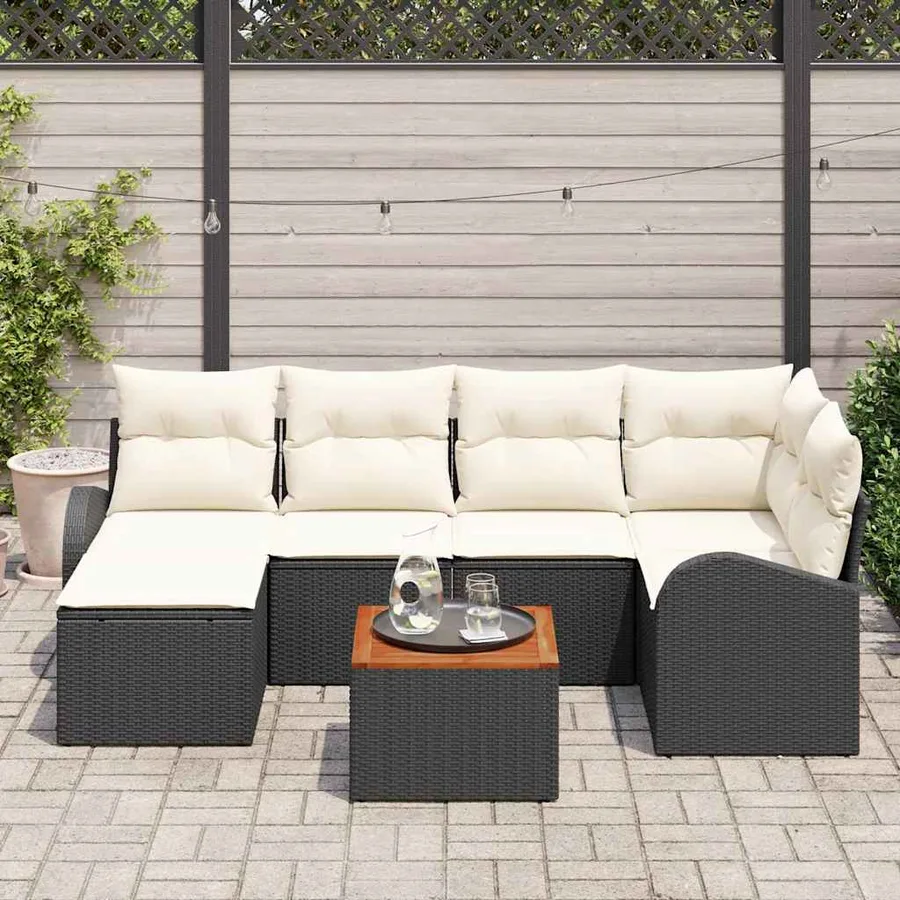 Ensemble de canapé de jardin 7 pcs Noir et Crème polyrotin - 3