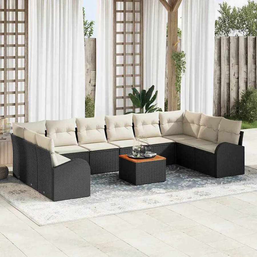 Ensemble de canapé de jardin 11 pcs Noir et Crème polyrotin