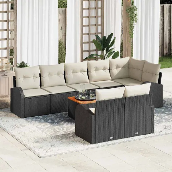 Ensemble de canapé de jardin 9 pcs Noir et Crème polyrotin