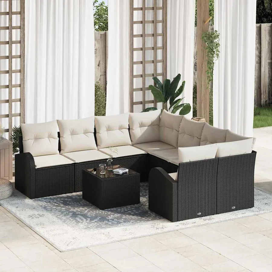 Ensemble de Canapés avec coussin 9 pcs Noir et Crème polyrotin