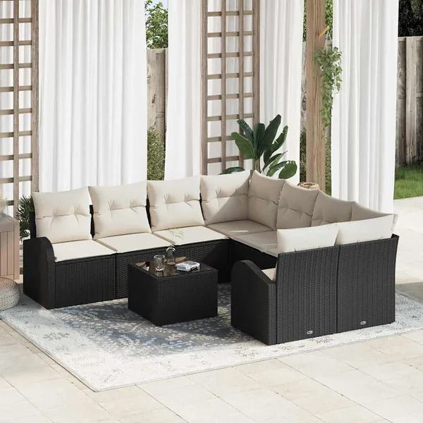 Ensemble de Canapés avec coussin 9 pcs Noir et Crème polyrotin