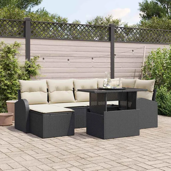 Ensemble de canapé de jardin 7 pcs Noir Poly rotin