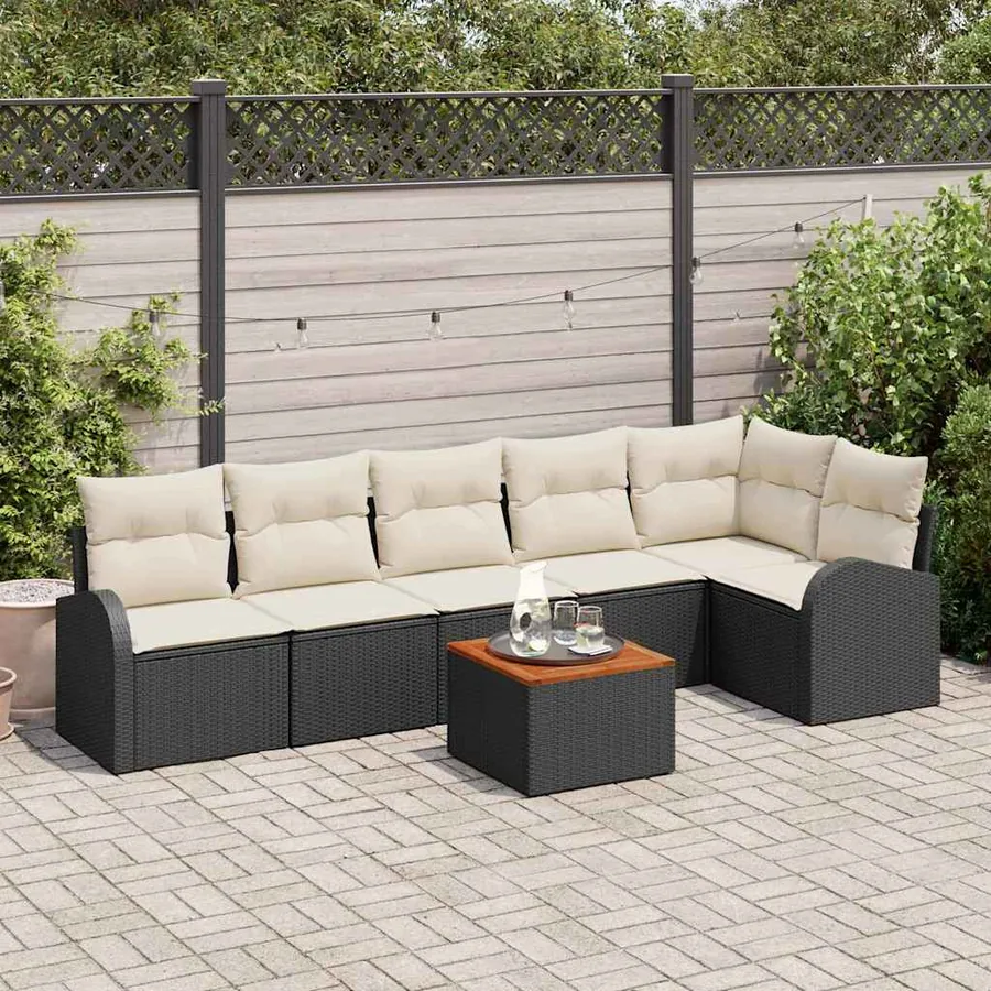 Ensemble de canapé de jardin 7 pcs Noir et Crème polyrotin