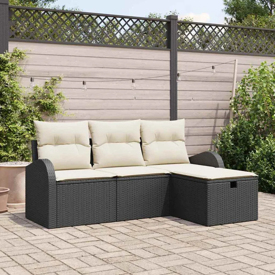 Ensemble de canapé de jardin avec coussin 4 pcs Noir Poly rotin