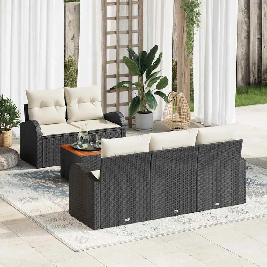 Ensemble de canapé de jardin 6 pcs Noir et Crème polyrotin