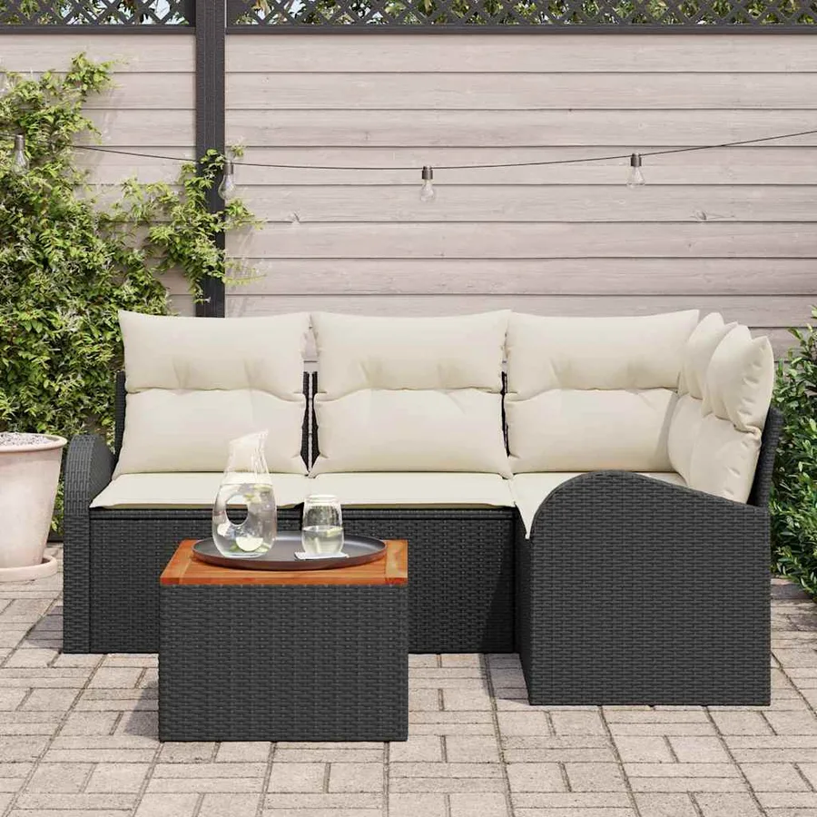 Ensemble de canapé de jardin 5 pcs Noir et Crème polyrotin - 3