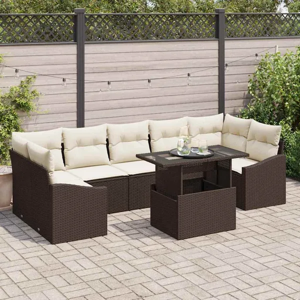 Ensemble de canapé de jardin 8 pcs Marron et crème polyrotin