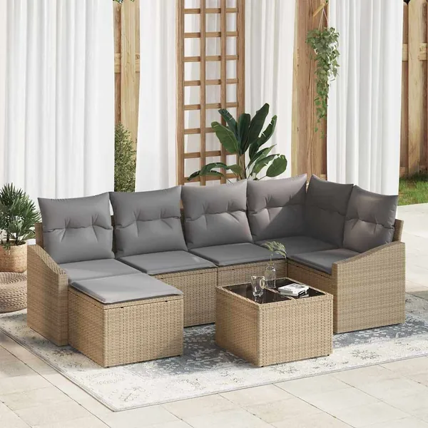 Ensemble de Canapés avec coussin 7 pcs Beige polyrotin