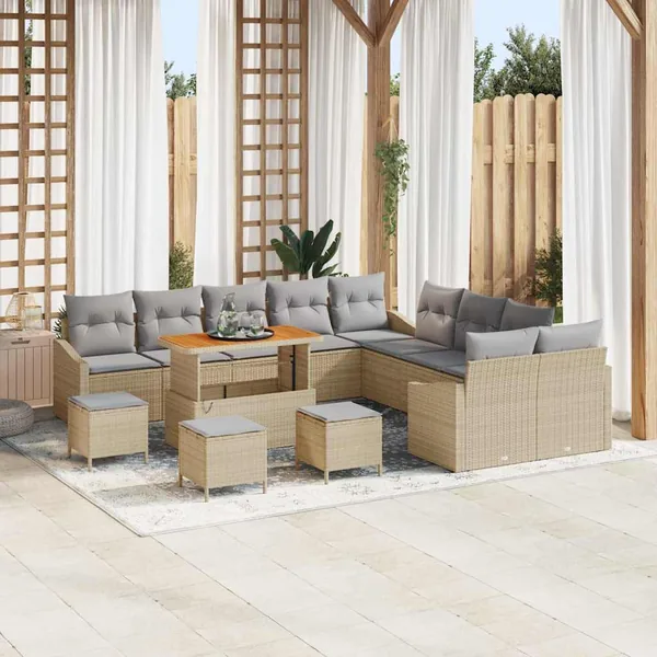 Ensemble de canapé de jardin 14 pcs Beige polyrotin