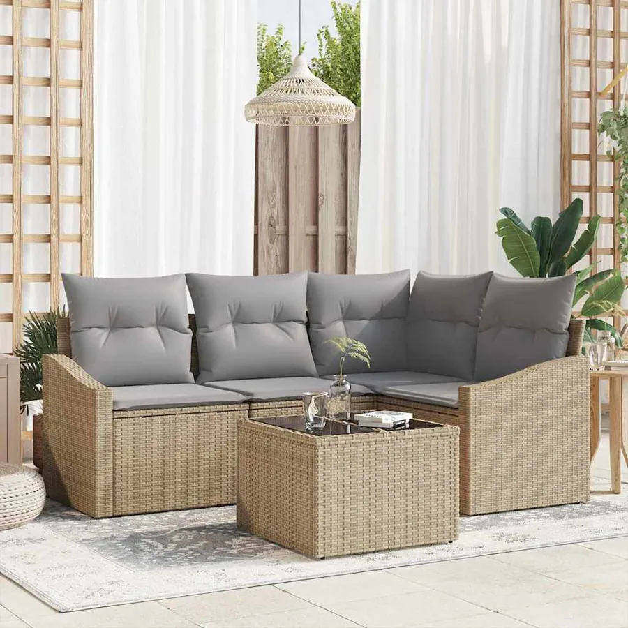 Ensemble de Canapés avec coussin 5 pcs Beige polyrotin