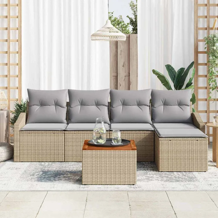 Ensemble de canapé de jardin avec coussin 6 pcs Beige polyrotin - 3