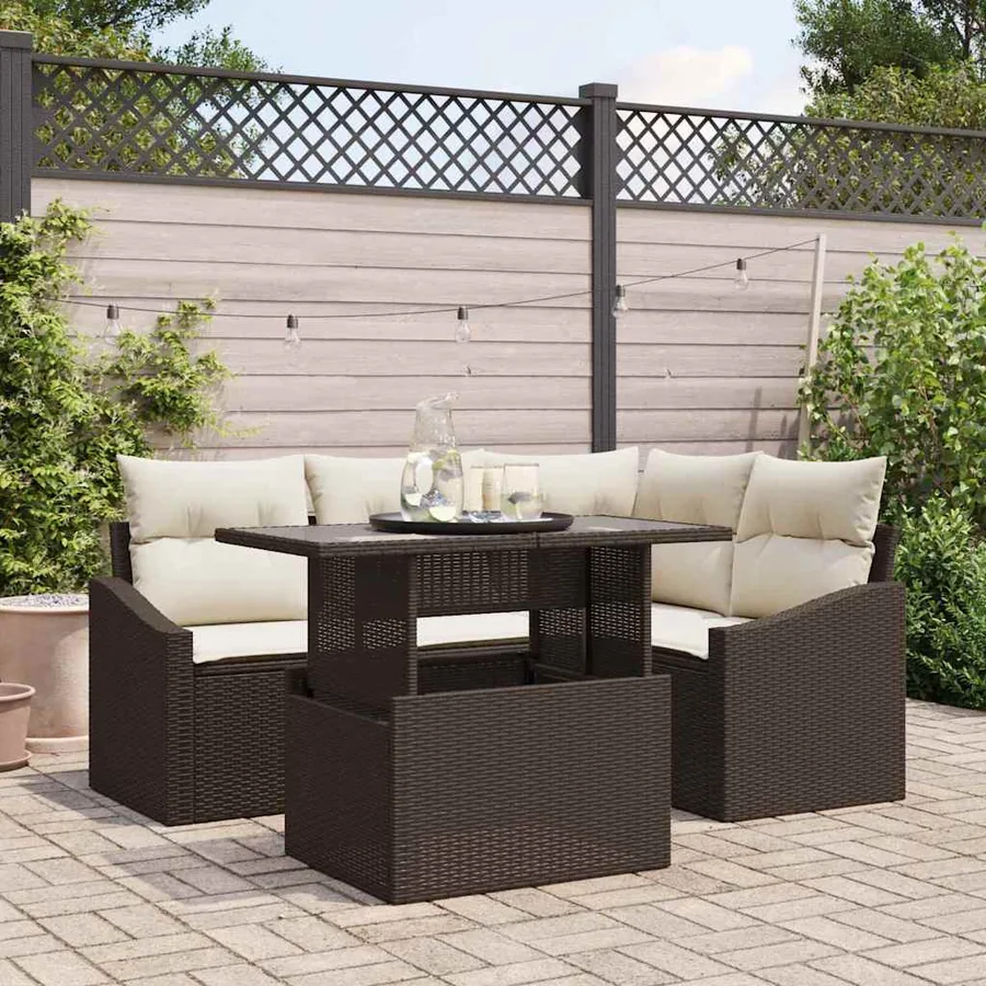 Ensemble de canapé de jardin 5 pcs Marron et Crème polyrotin