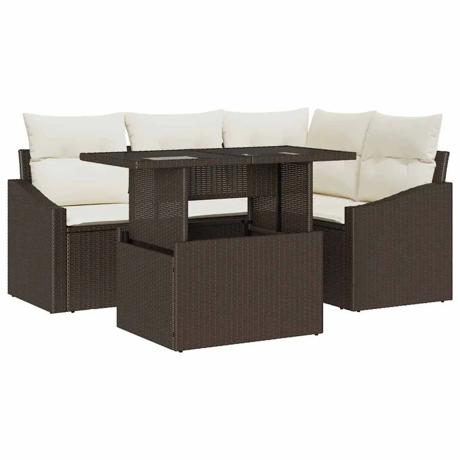 Ensemble de canapé de jardin 5 pcs Marron et Crème polyrotin - 2
