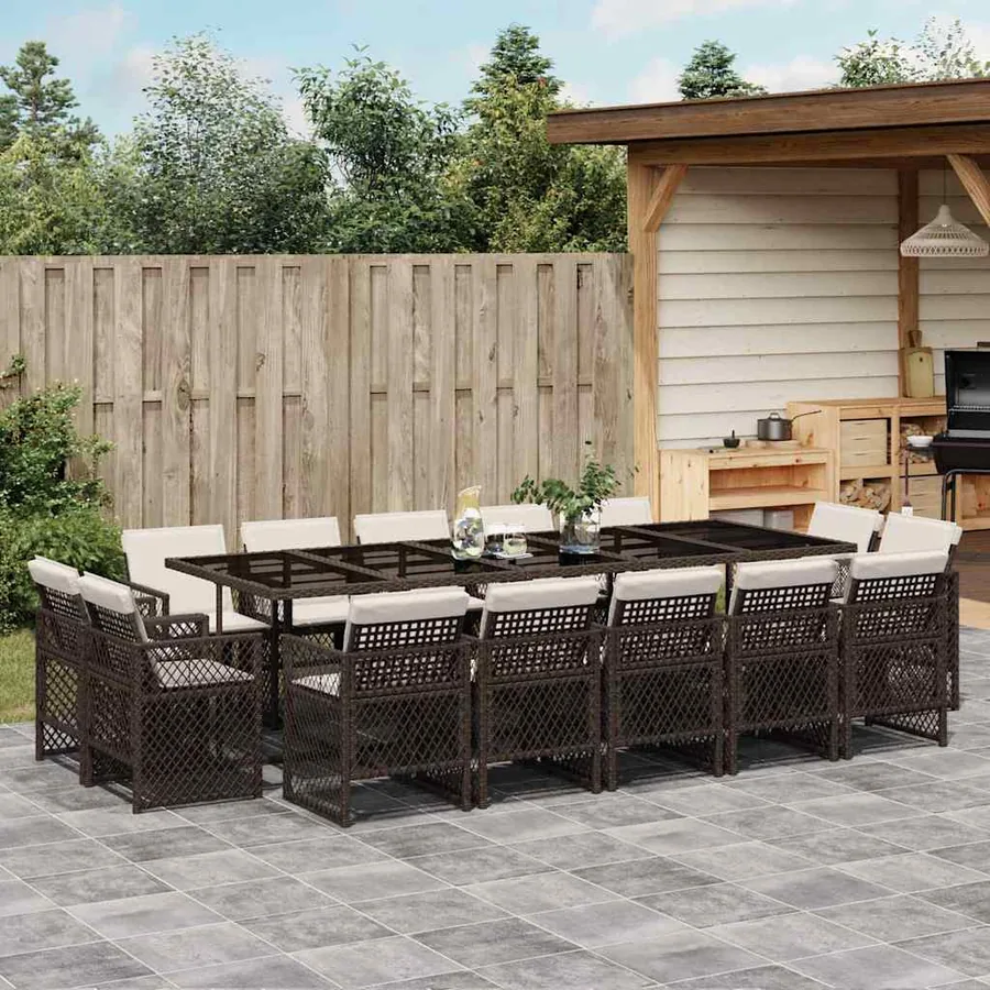 Ensemble à manger de jardin avec coussins 15 pcs marron rotin