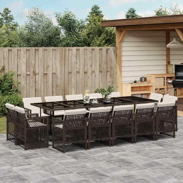 Ensemble à manger de jardin avec coussins 15 pcs marron rotin