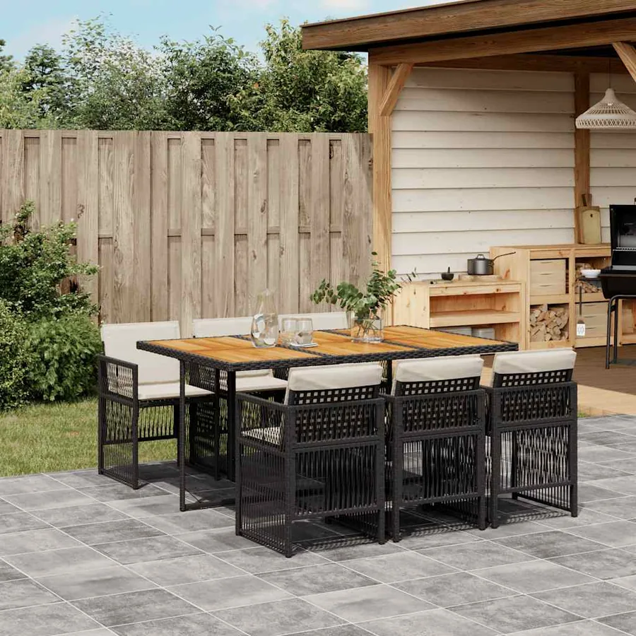 Ensemble à manger de jardin coussins 7pcs Noir Résine tressée