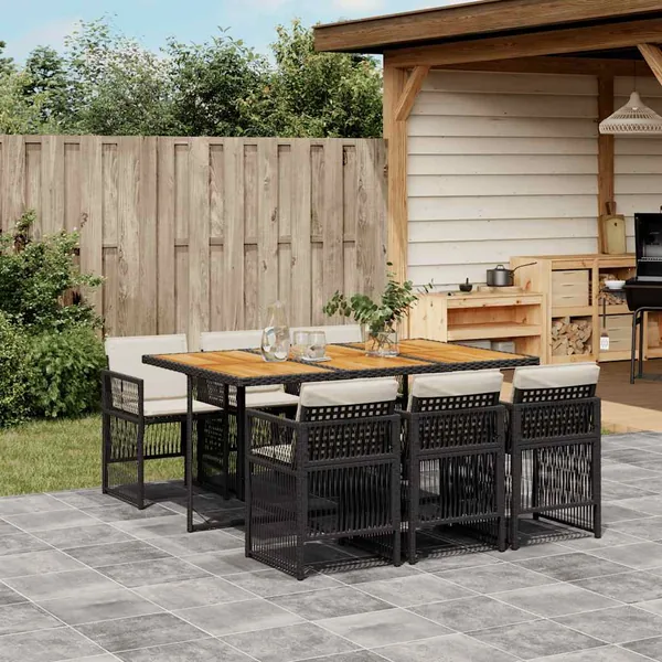 Ensemble à manger de jardin coussins 7pcs Noir Résine tressée