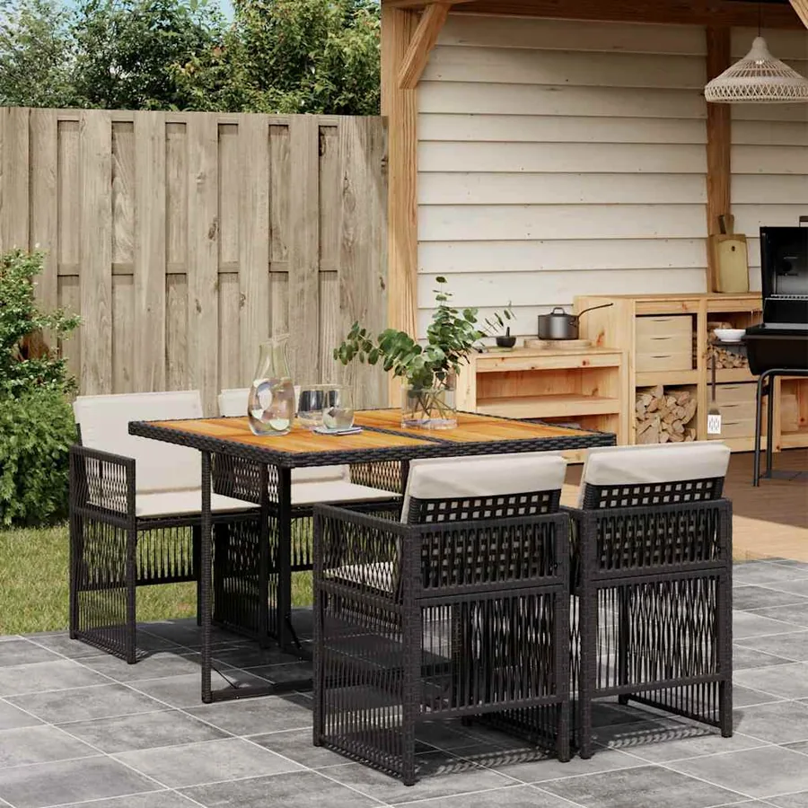 Ensemble à manger de jardin coussins 5pcs Noir Résine tressée