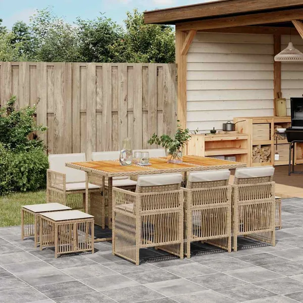 Ensemble à manger de jardin et coussins 11 pcs beige poly rotin