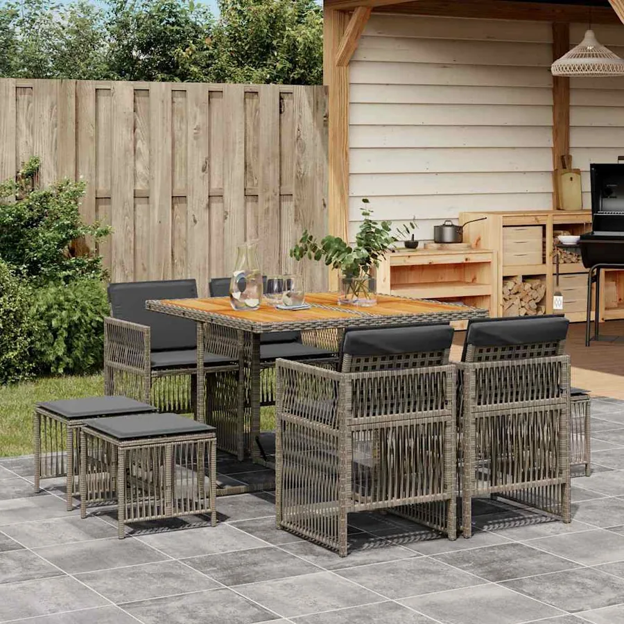 Ensemble à manger de jardin 9 pcs coussins gris résine tressée