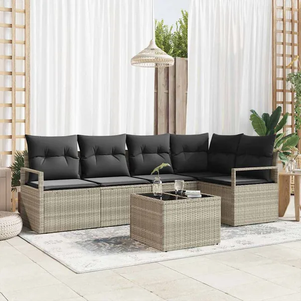 Ensemble de Canapés avec coussin 6 pcs Gris clair polyrotin