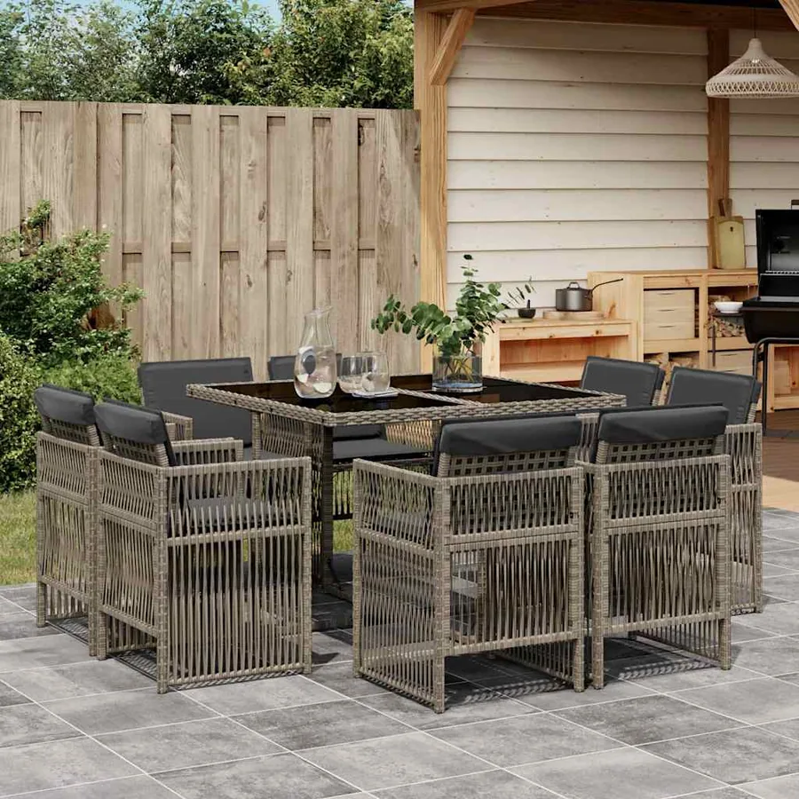 Ensemble à manger de jardin 9 pcs coussins gris résine tressée