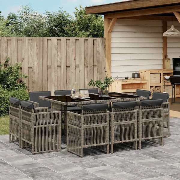 Ensemble à manger de jardin 11pcs avec coussins gris poly rotin