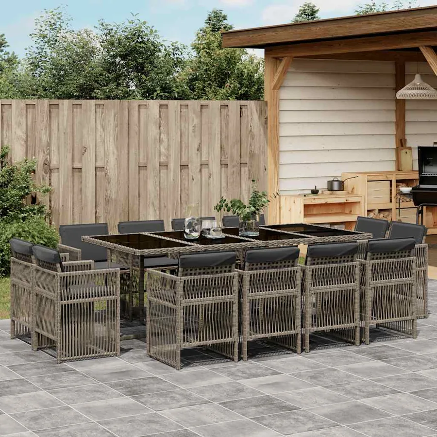 Ensemble à manger de jardin coussins 13 pcs gris résine tressée