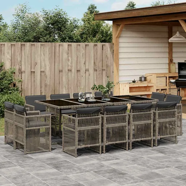Ensemble à manger de jardin coussins 13 pcs gris résine tressée