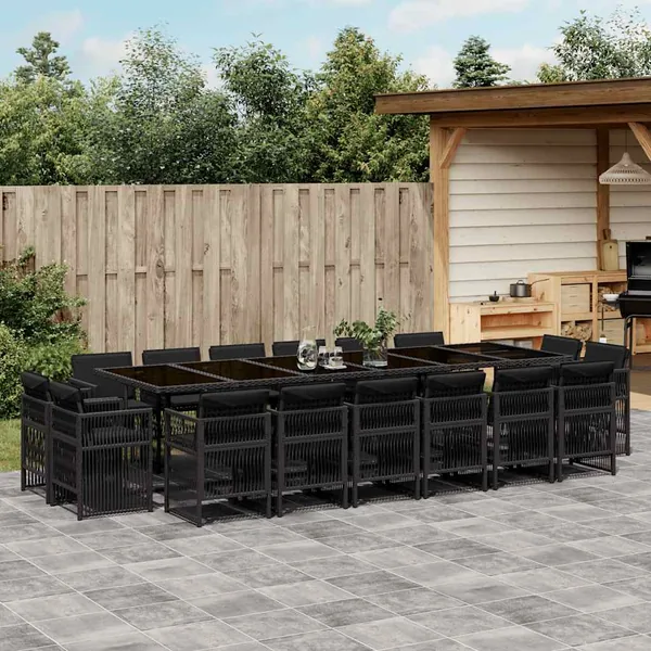 Ensemble à manger de jardin 17 pcs coussins noir résine tressée