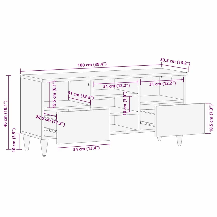 Meuble TV Marron 100 x 33,5 x 46 cm Bois de mangue massif - 11