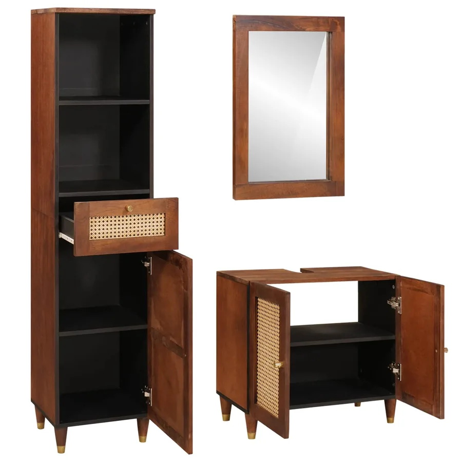 Cabinet de salle de bain avec tiroir 3 pcs Marron et Noir - 2