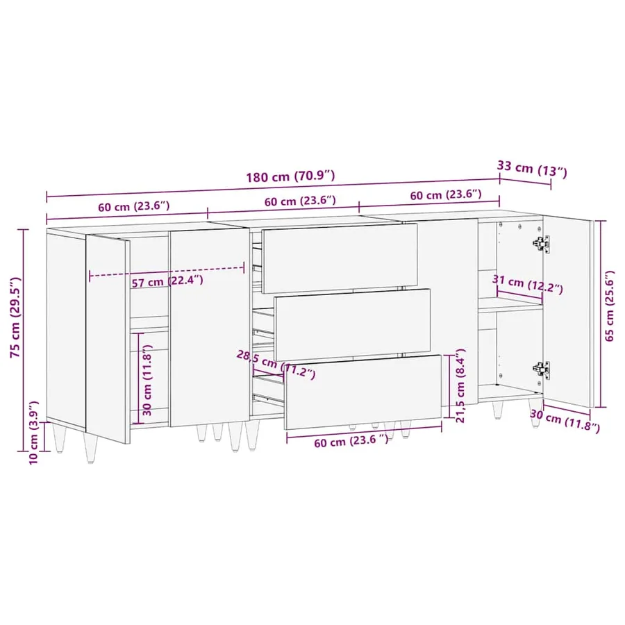 Ensemble de buffet 3 pcs Marron 180 x 33 x 75 cm - 12