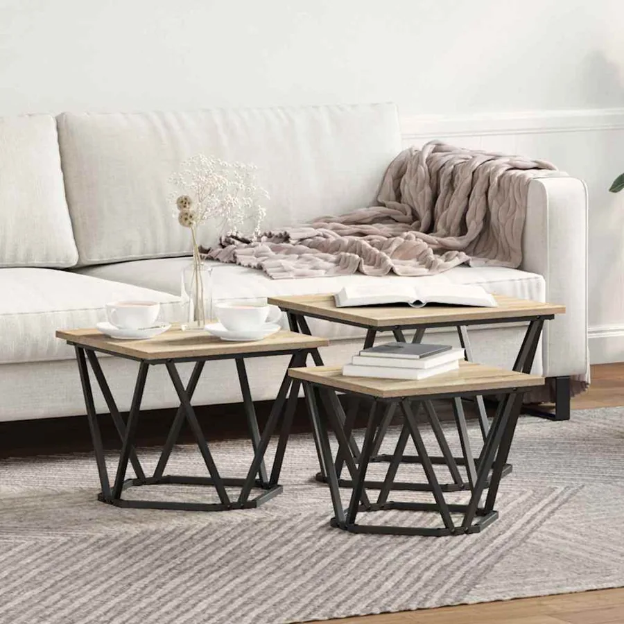 Table basse 3 pcs Chêne Sonoma Bois d'ingénierie et acier