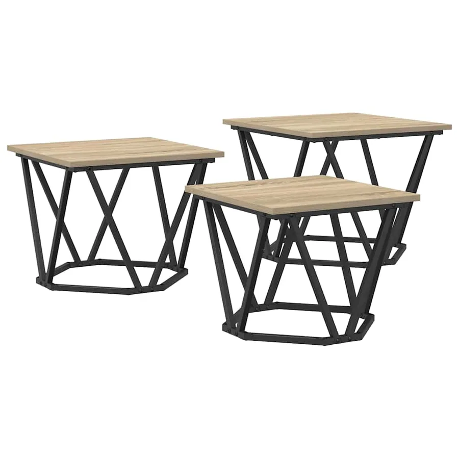 Table basse 3 pcs Chêne Sonoma Bois d'ingénierie et acier - 2