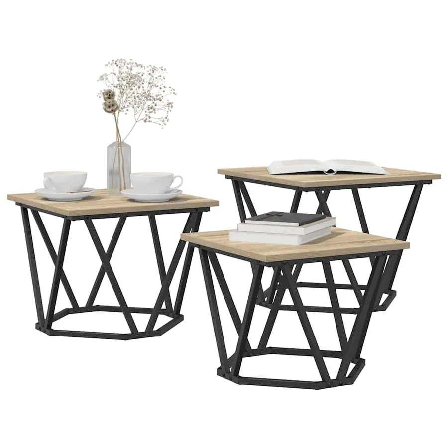 Table basse 3 pcs Chêne Sonoma Bois d'ingénierie et acier - 3