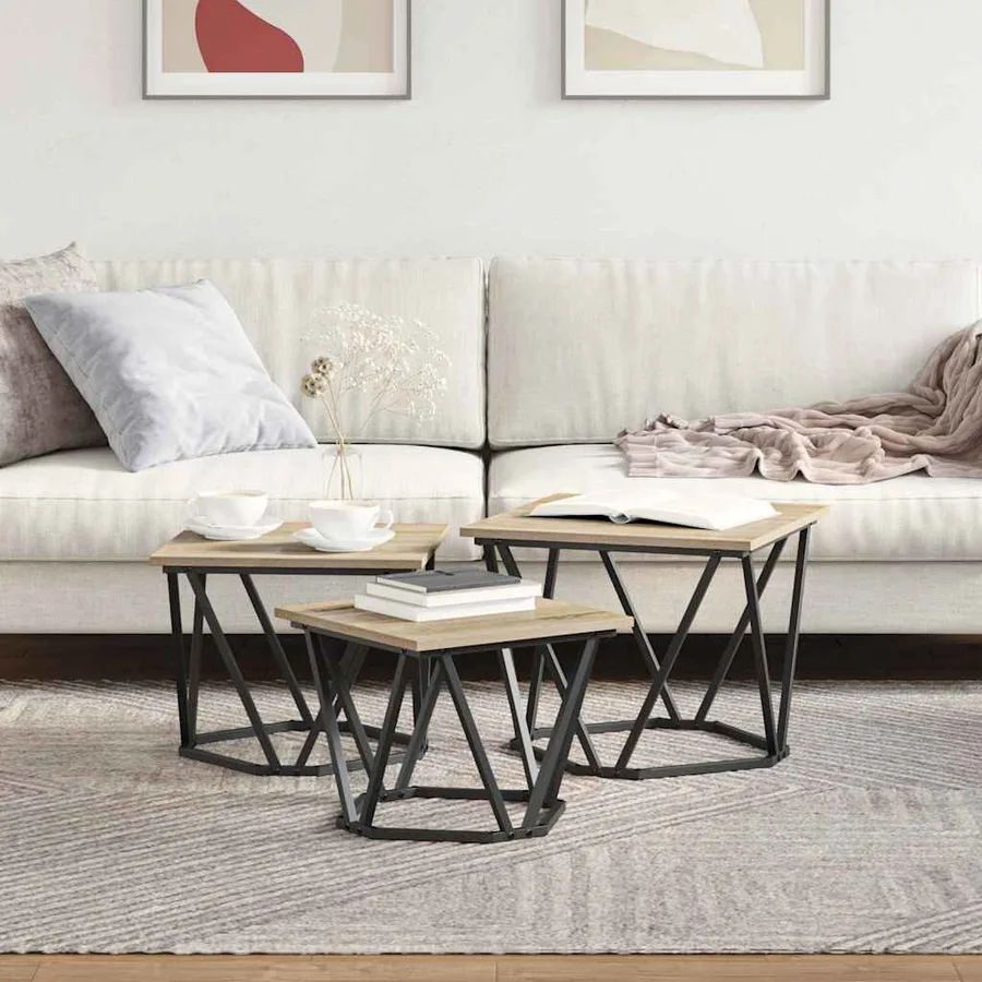 Table basse 3 pcs Chêne Sonoma Bois d'ingénierie et acier - 4
