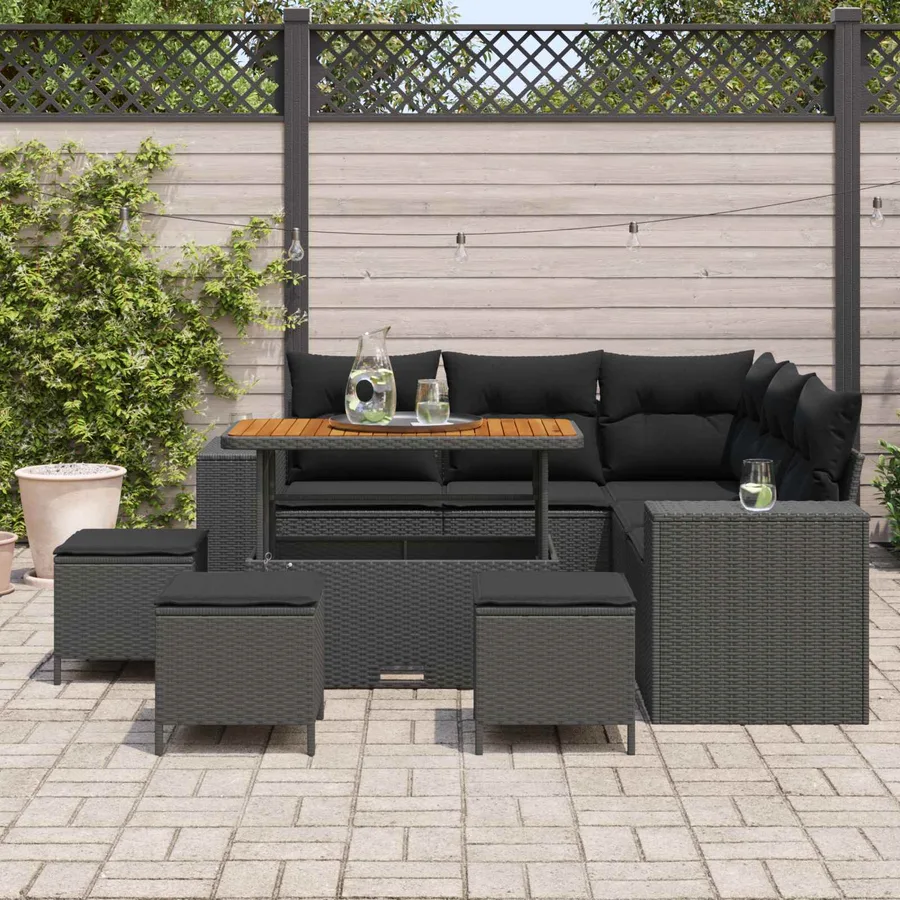 Ensemble de canapé de jardin avec coussin 9 pcs Noir polyrotin - 3