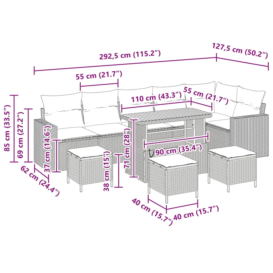 Ensemble de canapé de jardin 10 pcs Noir polyrotin - 8